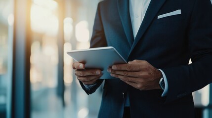 Business professional using tablet modern office digital communication bright environment close-up view technology innovation