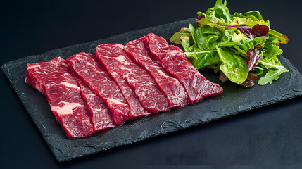 Slices of Flat Iron Steak Arranged on Dark Slate with Salad Greens