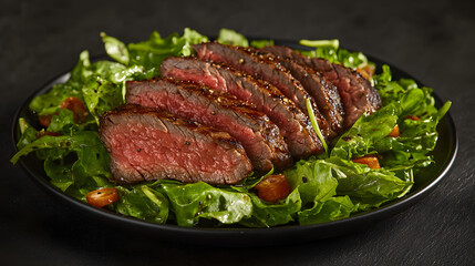 Flat Iron Steak Slices on Fresh Greens with Dark Slate Background