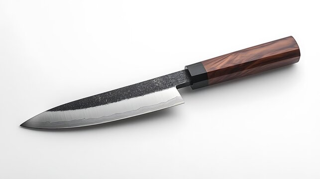 A knife with a black blade and a wooden handle. The handle appears to be made of a dark-colored wood, possibly rosewood or a similar type. The blade looks sharp and has a traditional design, making.
