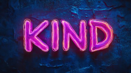 Neon Kind Sign Glowing on Dark Blue Wall Background