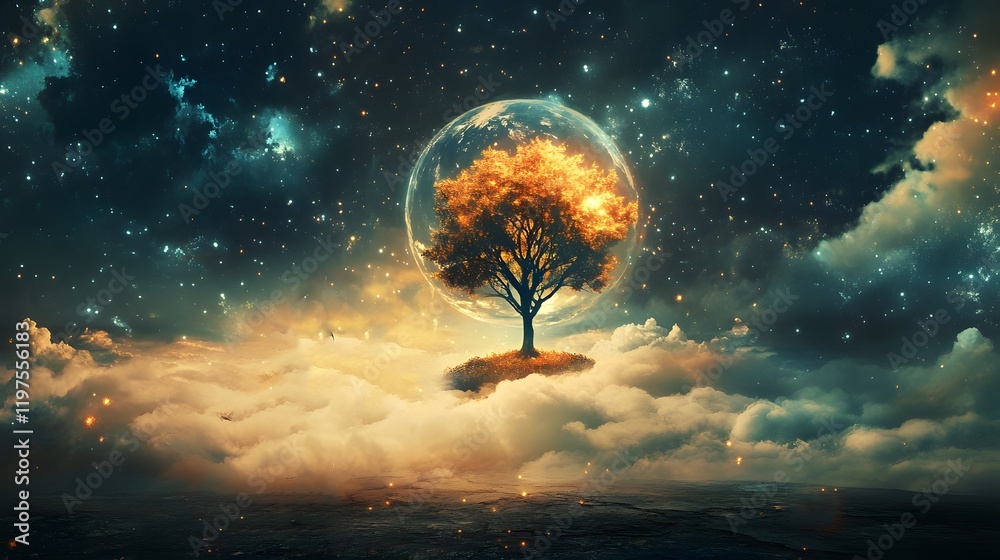 Poster Ethereal Tree Surrounded by Cosmic Elements with a Dreamlike Glow and Astral Background in a Surreal Landscape of Clouds and Stars