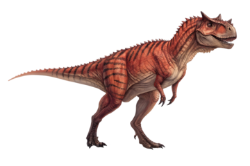 Carnotaurus: A fearsome Carnotaurus dinosaur with distinctive horns above its eyes and a powerful jaw, rendered in vibrant colors and intricate detail. This prehistoric predator is ready to charge.