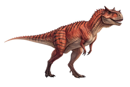 Carnotaurus: A fearsome Carnotaurus dinosaur with distinctive horns above its eyes and a powerful jaw, rendered in vibrant colors and intricate detail. This prehistoric predator is ready to charge.