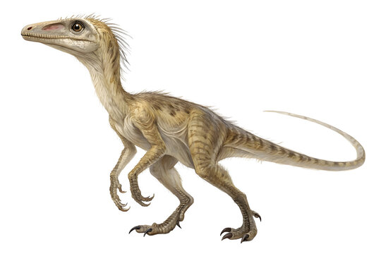 Compsognathus : A small, feathered Compsognathus dinosaur, a fascinating glimpse into the prehistoric world,  illustrated with meticulous detail, showcasing its slender build, long tail.