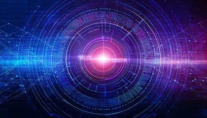 abstract futuristic digital technology background with a glowing red light at the center surrounded by concentric circles. The background has blue and purple hues and lines of code are visible.  
