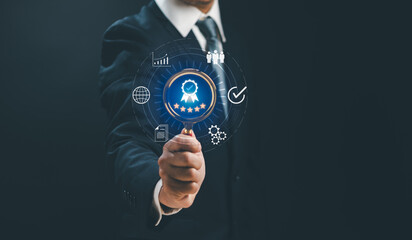 Concept of quality control,service guarantee, certification and warranty, businessman holding...