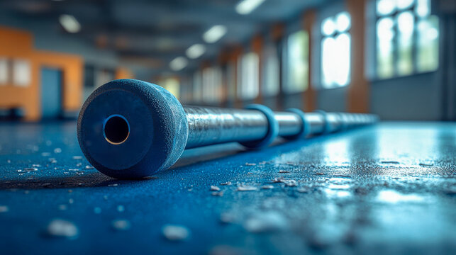 Row of gymnastic bars on a polished blue floor inside a bright gym with large windows