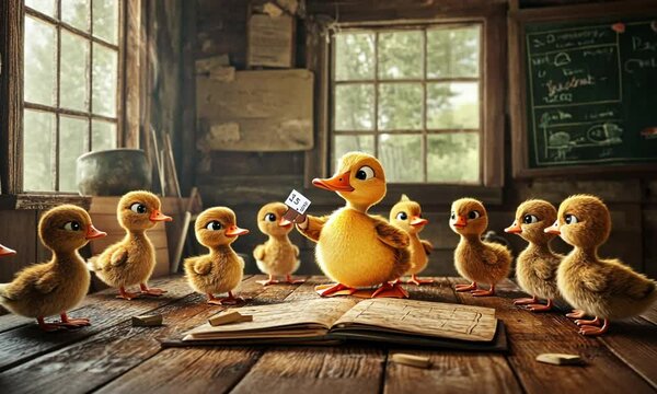 A teacher duckling leads a class of ducklings in a rustic classroom.