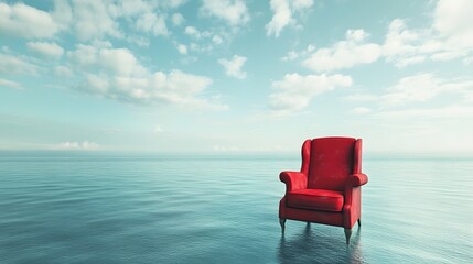 A solitary red armchair floats on tranquil water under a serene sky filled with soft clouds, creating a surreal and dreamlike atmosphere that sparks imagination.