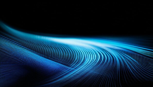Abstract blue and black wave with glowing light lines in a dark, mysterious background. This abstract image is ideal for themes related to technology, data, and progress