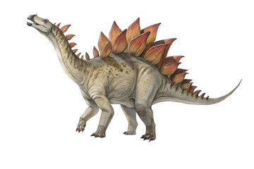 Fototapeta premium Stegosaurus in Full Glory: A meticulously rendered Spinosaurus, known for its distinctive sail-like spine, stands majestically in full profile. Its long.