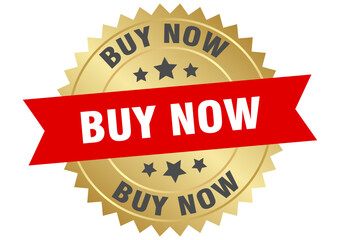 buy now. buy now round red and gold label isolated on transparent background