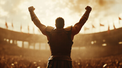 Victorious Gladiator: A powerful image of a victorious gladiator raising his arms in triumph, standing against the backdrop of a roaring coliseum and a cheering crowd.