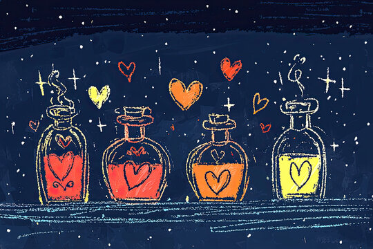 Colorful love potion bottles with hearts and sparkles in night sky, hand-drawn childlike art style