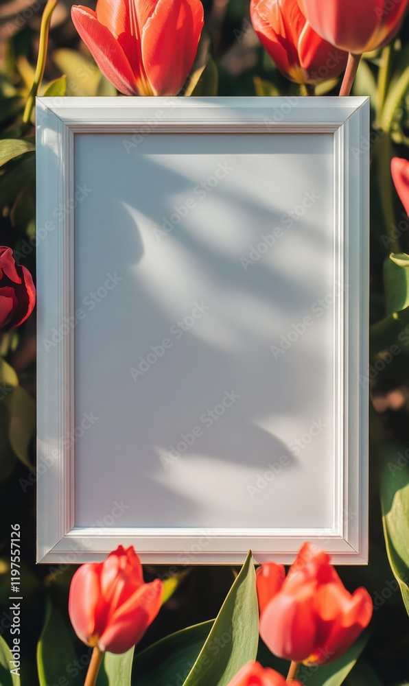 Leinwandbilder Empty frame surrounded by vibrant red tulips in a sunny garden setting with ample space for text or design. Generative AI