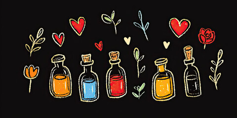 Colorful potion bottles with hearts and flowers create whimsical scene, hand-drawn childlike art style