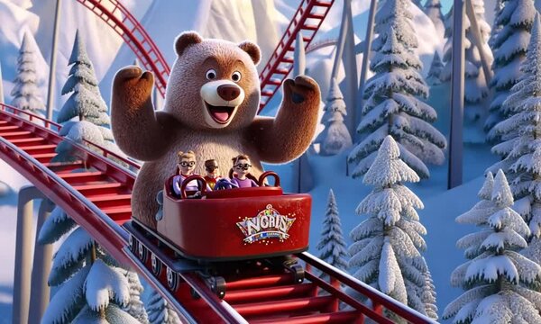 Jolly Bear and Friends Enjoying a Winter Rollercoaster Ride