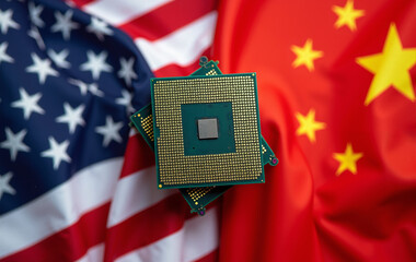 Computer CPU Chip sitting on top of China and United States Flag. Technology, Tariff, Economy