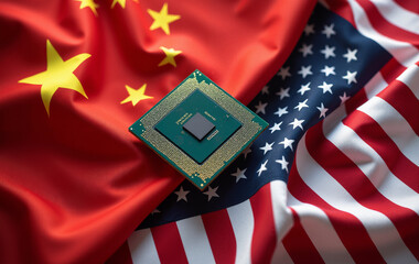 Computer CPU Chip sitting on top of China and United States Flag. Technology, Tariff, Economy
