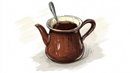 Detailed sketch of centered Turkish coffee pot, wide angle view