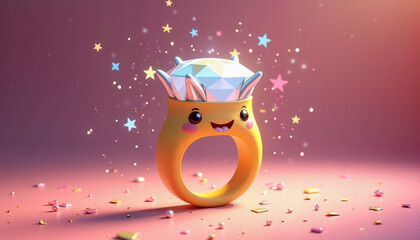 Playful cartoon-style ring with colorful gemstone and smiling face against sparkly background