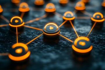 A network of interconnected nodes with glowing orange lights.