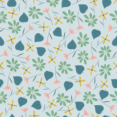 Floral seamless pattern. Allover print foliage surface design of schefflera leaves and scandi flowers