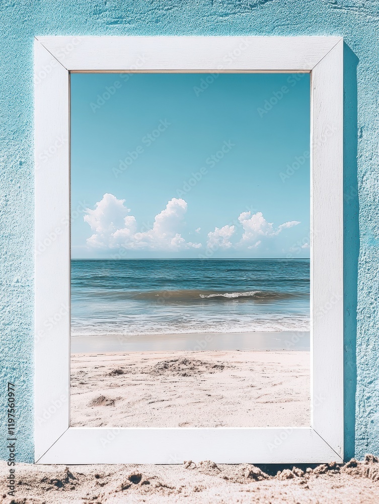 Poster Framed view of serene beach with soft waves and bright blue sky perfect for adding text or messages. Generative AI