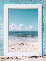 Framed view of serene beach with soft waves and bright blue sky perfect for adding text or messages. Generative AI