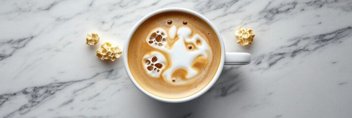 Obraz premium A top view of a cappuccino cup with frothy art on a marble surface