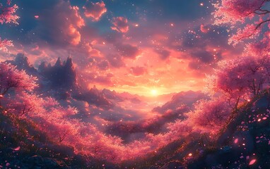 Fototapeta premium Pink Sunset Mountain Landscape Art