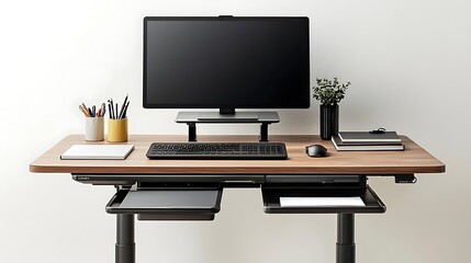 Modern Minimalist Workspace: Sleek Wooden Desk with Ergonomic Setup