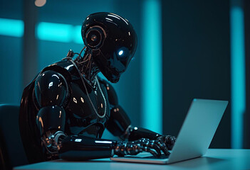 Sleek Grey Robotic Figure Engaging with Laptop