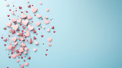 Vibrant red hearts dance across a serene blue canvas, inviting love and joy, with ample space for heartfelt messages or romantic notes.