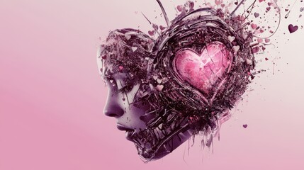 A woman gazes wistfully, a broken heart symbolically resting above her head, capturing the bittersweet essence of love's ache on Valentine's Day.