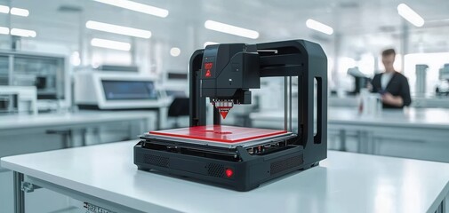 Innovative 3D printer creating a futuristic product in a high-tech lab with engineers monitoring the progress innovative creativity
