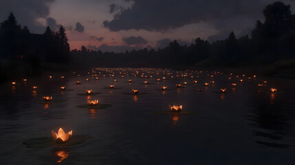 15. A vibrant, otherworldly marshland filled with floating lotus flowers glowing with inner light, their reflections creating mesmerizing patterns on the still water under a vast twilight sky 