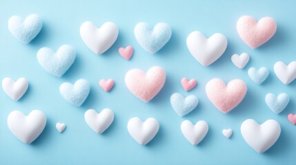Obraz premium A vibrant cluster of hearts rests on a serene blue backdrop, symbolizing love and connection in a delightful celebration of Valentine's Day.