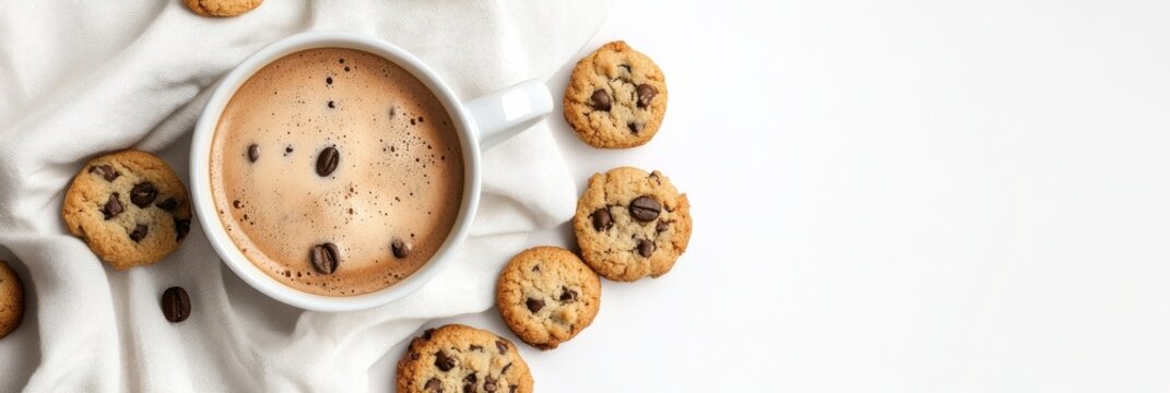 A top view of a coffee mug surrounded by cookies on a linen napkin