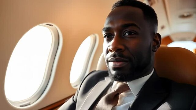 Black businessman wearing a tailored suit, seated in a luxurious private jet, with plush leather seating and a high-end interior