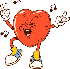 Groovy Valentine heart character. Saint Valentine holiday cute groovy character. Love party or romance day happy dancing heart 60s 70s funky vector personage or retro cartoon cheerful mascot