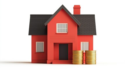 A red house model with stacked coins symbolizes real estate investment and financial growth.