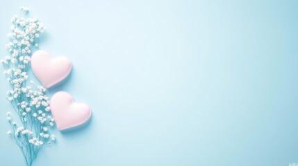 Two soft pink hearts rest among delicate white flowers, all set against a tranquil blue background, capturing the essence of love and beauty for Valentine's Day.