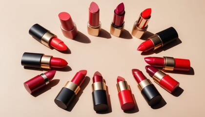 Obraz premium Red lipstick on a pink pastel background, a beauty and cosmetic object showcasing glamour and style