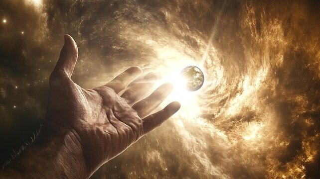 A divine hand gently holding planet Earth, surrounded by the vastness of the universe with stars and galaxies glowing in the background.

