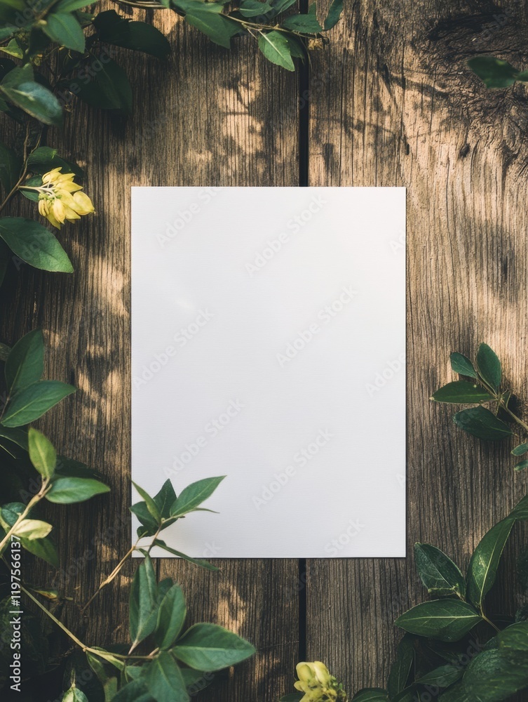 Fototapete Blank paper surrounded by green foliage on a rustic wooden surface suitable for text placement and mock up designs. Generative AI