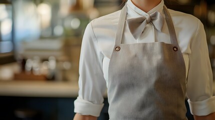 Waitress Wearing a White Shirt and Grey Apron
