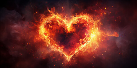 Abstract heart in fire on the black backgound.