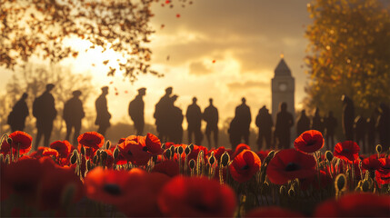 Armistice Day, a memorial park with poppies and people gathered in silence while paying their respects, Ai generated images.